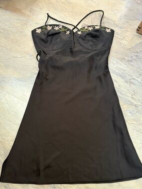 Rare London Black Slip Dress with Floral Embroidery